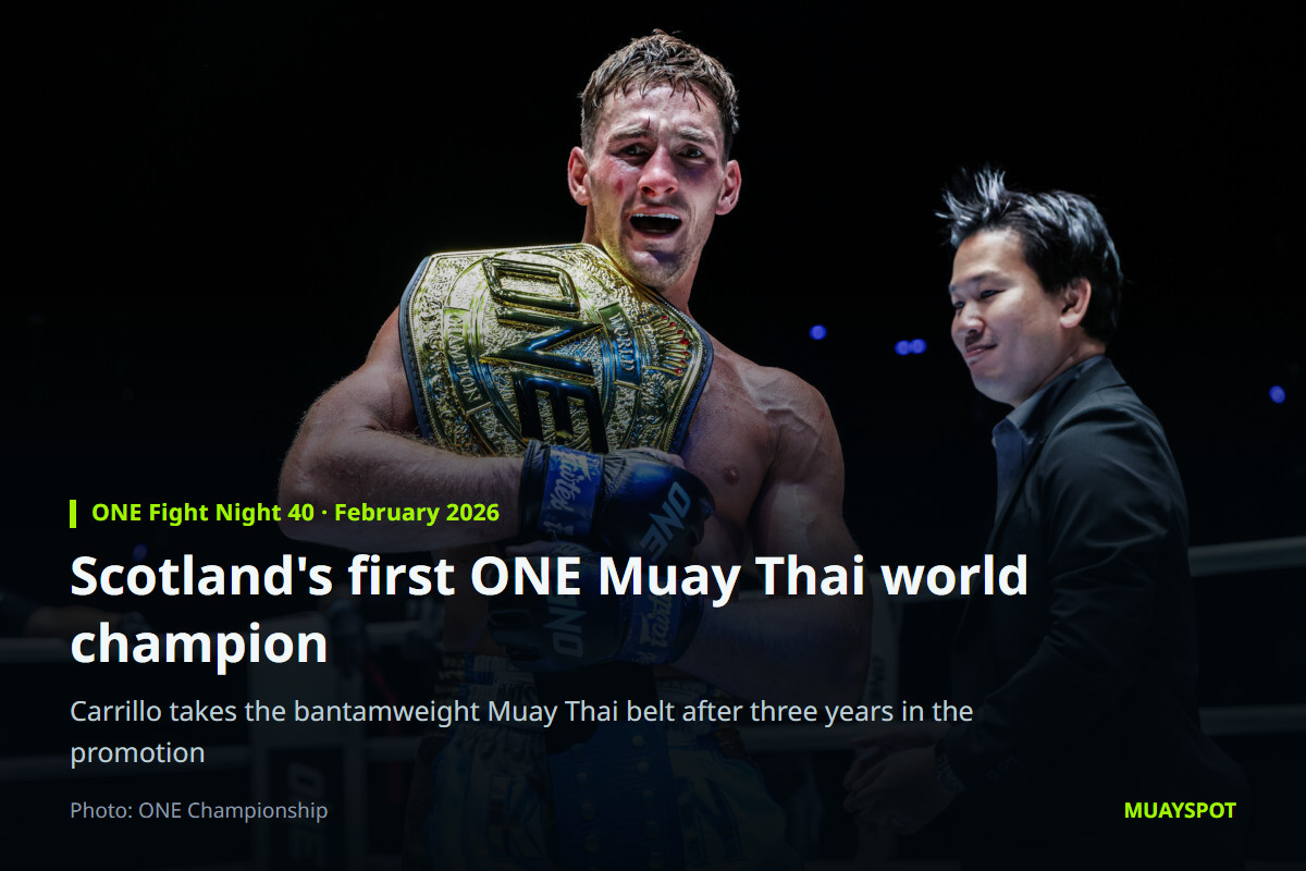 Nico Carrillo with the ONE bantamweight Muay Thai world title at ONE Fight Night 40