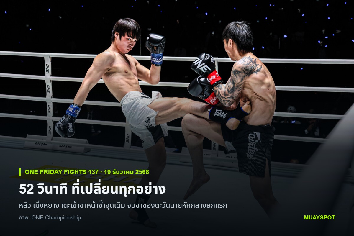 ภาพในไฟต์ระหว่าง หลิว เมิ่งหยาง กับ ตะวันฉาย พีเค.แสนชัย ในศึก ONE Friday Fights 137 ซึ่งเป็นไฟต์ที่ตะวันฉายขาหัก