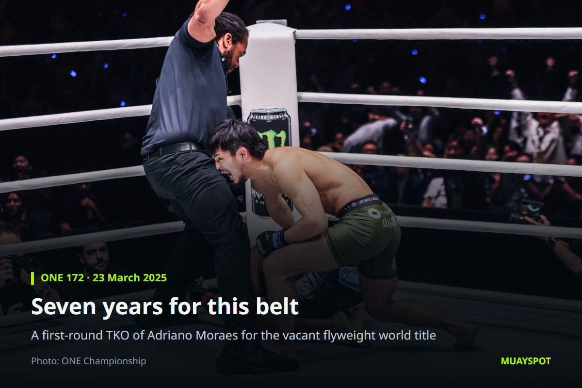Yuya Wakamatsu standing over Adriano Moraes after stopping him at ONE 172