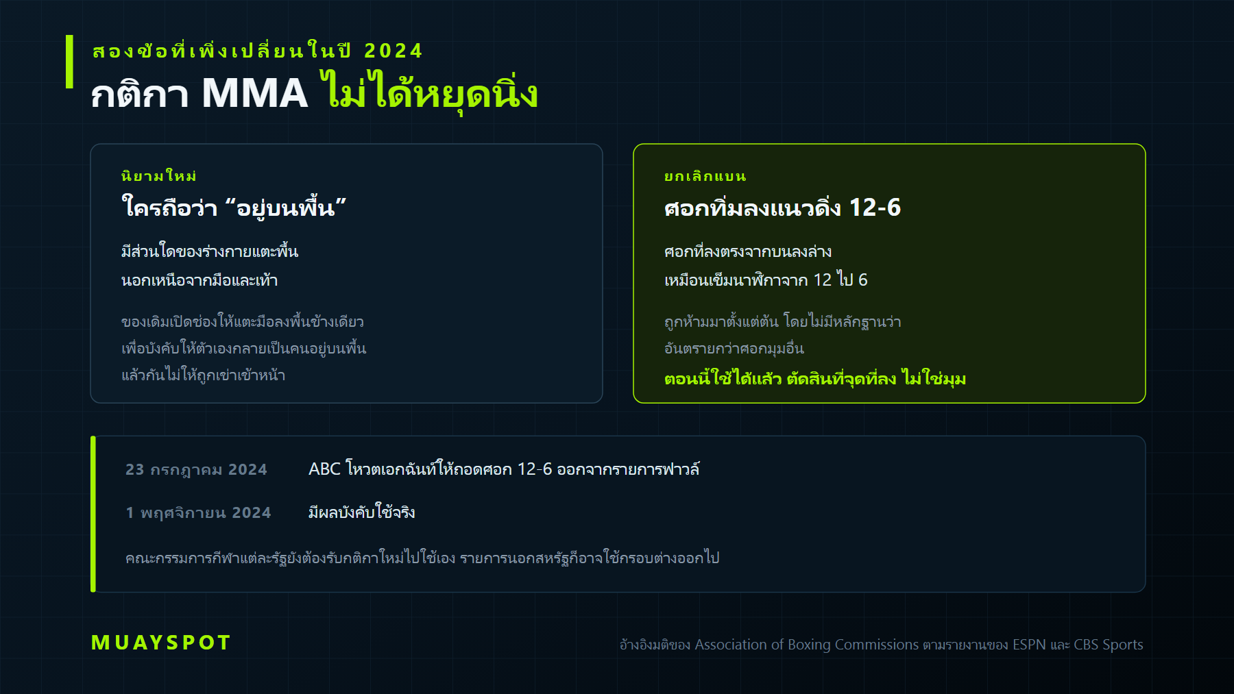 สองกติกาที่เปลี่ยนในปี 2024 นิยามคนที่ถือว่าอยู่บนพื้น และการยกเลิกแบนศอกทิ่มลงแนวดิ่ง 12-6 ซึ่งมีผลตั้งแต่ 1 พฤศจิกายน 2024