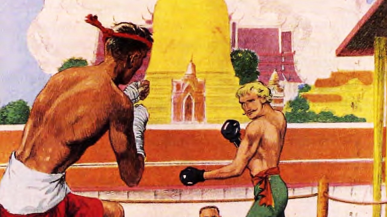 ภาพวาดนักมวยไทยพันมือด้วยเชือกและสวมมงคล ตั้งท่าเข้าหานักมวยชาวตะวันตกที่สวมนวมและรองเท้า โดยมีเจดีย์เป็นฉากหลัง